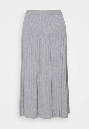 Lichtgrijze geribbelde gebreide midi-rok met een elastische tailleband en verticale plooien.