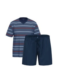 Miesten oloasu, joka sisältää siniraitaisen lyhythihaisen V-pääntie T-paidan ja tummansiniset elastiset vyötäröhousut, joissa on nauha.