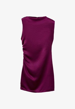 Ærmeløs top i dyb lilla med struktureret overflade, der har bløde draperinger og en skjult lynlås i ryggen for en glat pasform.