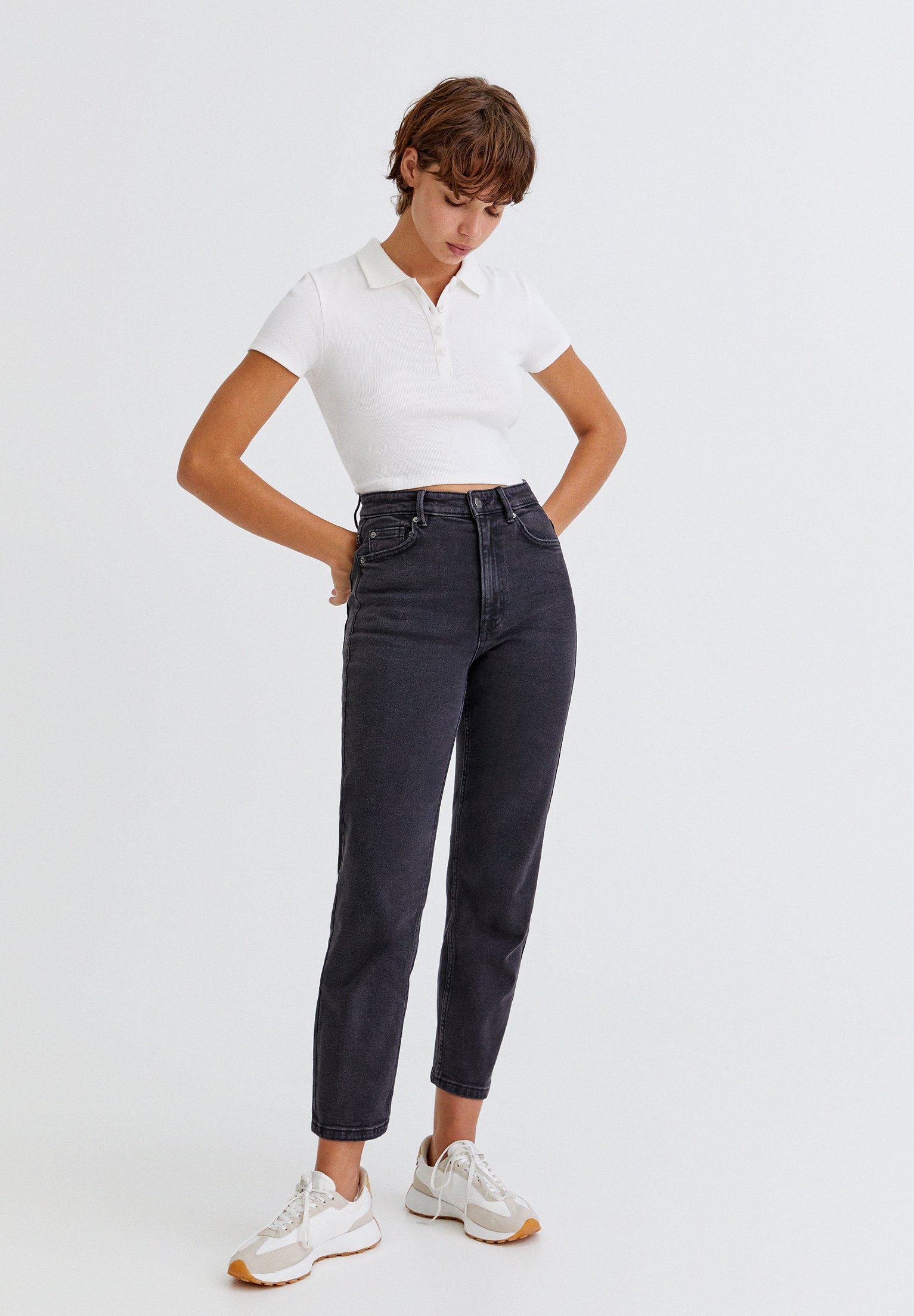 PULL\u0026BEAR MOM SLIM FIT - Jeans Tapered Fit - mottled black/schwarz meliert  - Zalando.de