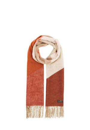 Langer weicher Schal mit fransigen Enden in den Farbtönen Rost, Beige und Creme sowie einem kleinen schwarzen Etikett, das nahe einem Ende angenäht ist.