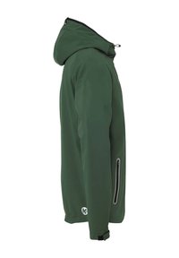 Giacca verde con cappuccio realizzata in tessuto liscio; presenta una tasca laterale con zip e dettaglio del logo sull'orlo. Design elegante e aderente.