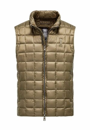 Olijfgroen gewatteerd vest met een hoge kraag, een ritssluiting aan de voorkant en een lichte, glanzende stof. Heeft vierkante patronen en zijzakken.