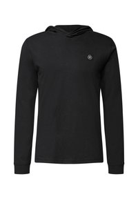 Black long-sleeve hoodie made of cotton blend fabric. Features a drawstring collar and a small logo patch on the chest. Smooth texture.