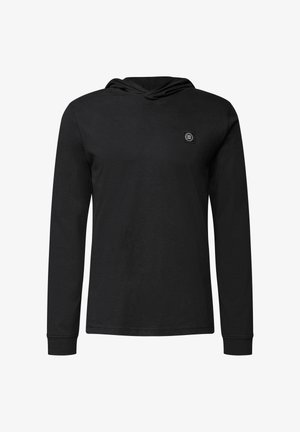 Schwarzer Hoodie mit langen Ärmeln aus Baumwollmischgewebe. Besitzt einen Kordelzugkragen und ein kleines Logo-Patch auf der Brust. Glatte Textur.