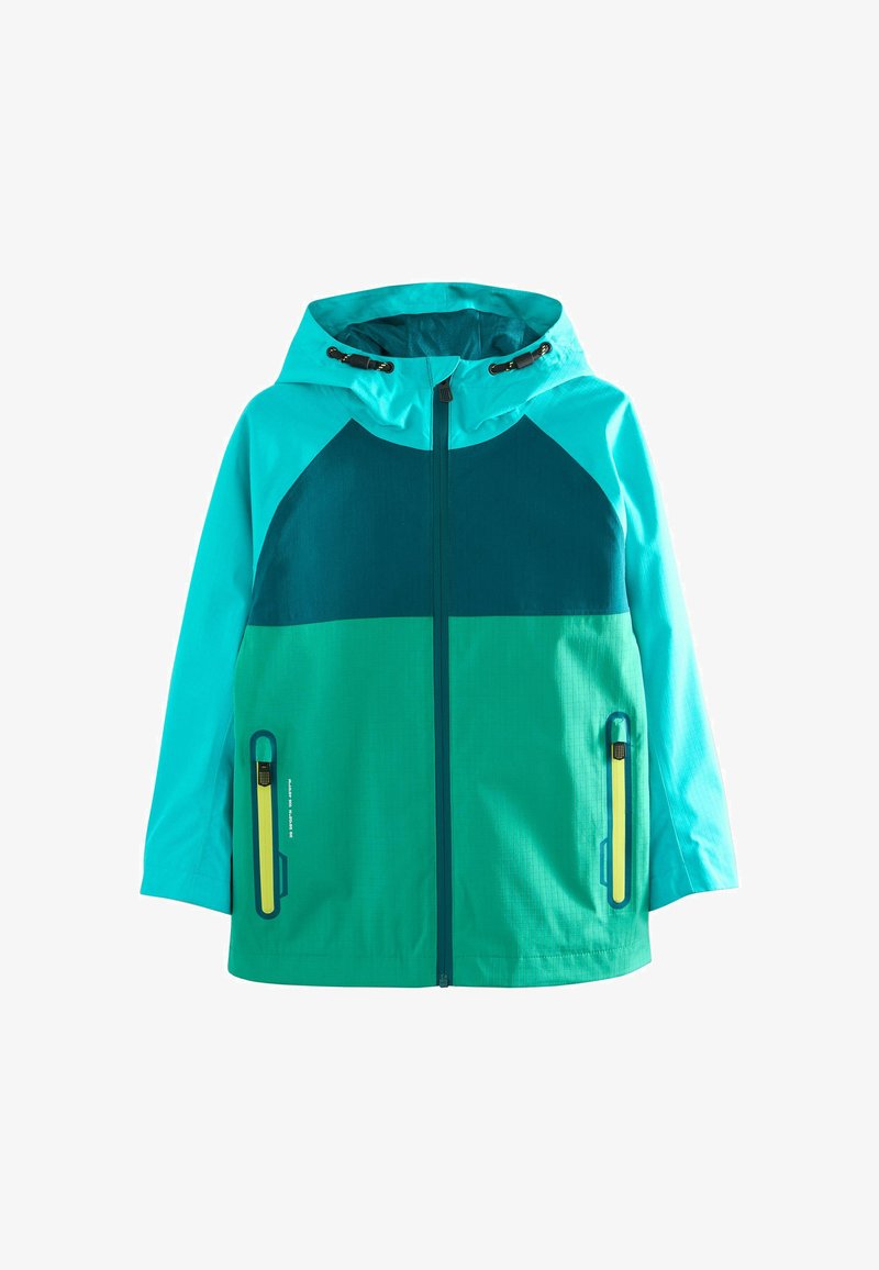 Kapuzensportliche Regenjacke im Farbblock-Design mit durchgehendem Reißverschluss, oberem türkisfarbenem Bereich, unterem blaugrünem Bereich und Reißverschlusstaschen mit gelben Akzenten.