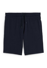 Shorts en coton bleu marine avec taille élastique et cordon ajustable, poches avant et design simple à jambes droites.