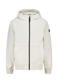 Giacca leggera bianca con cappuccio, zip nera, polsini elasticizzati e tasca frontale. Tessuto morbido con design minimale.