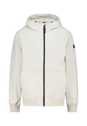 Veste légère blanche à capuche avec une fermeture éclair noire, des poignets élastiques et une poche frontale. Tissu lisse au design minimaliste.