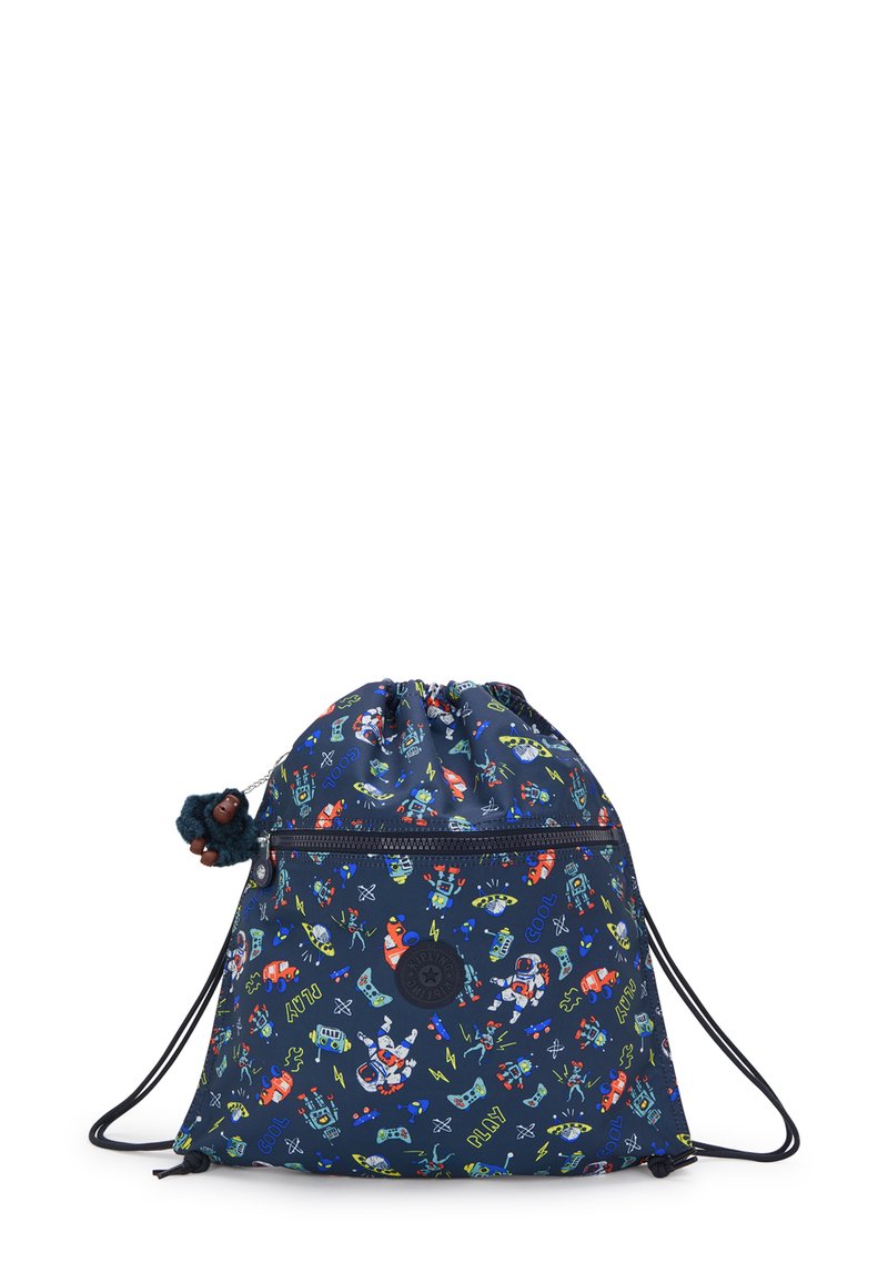 Navy blue drawstring bag made of fabric, adorned with colorful space-themed graphics, featuring a zippered front pocket and a plush monkey keychain embellishment.