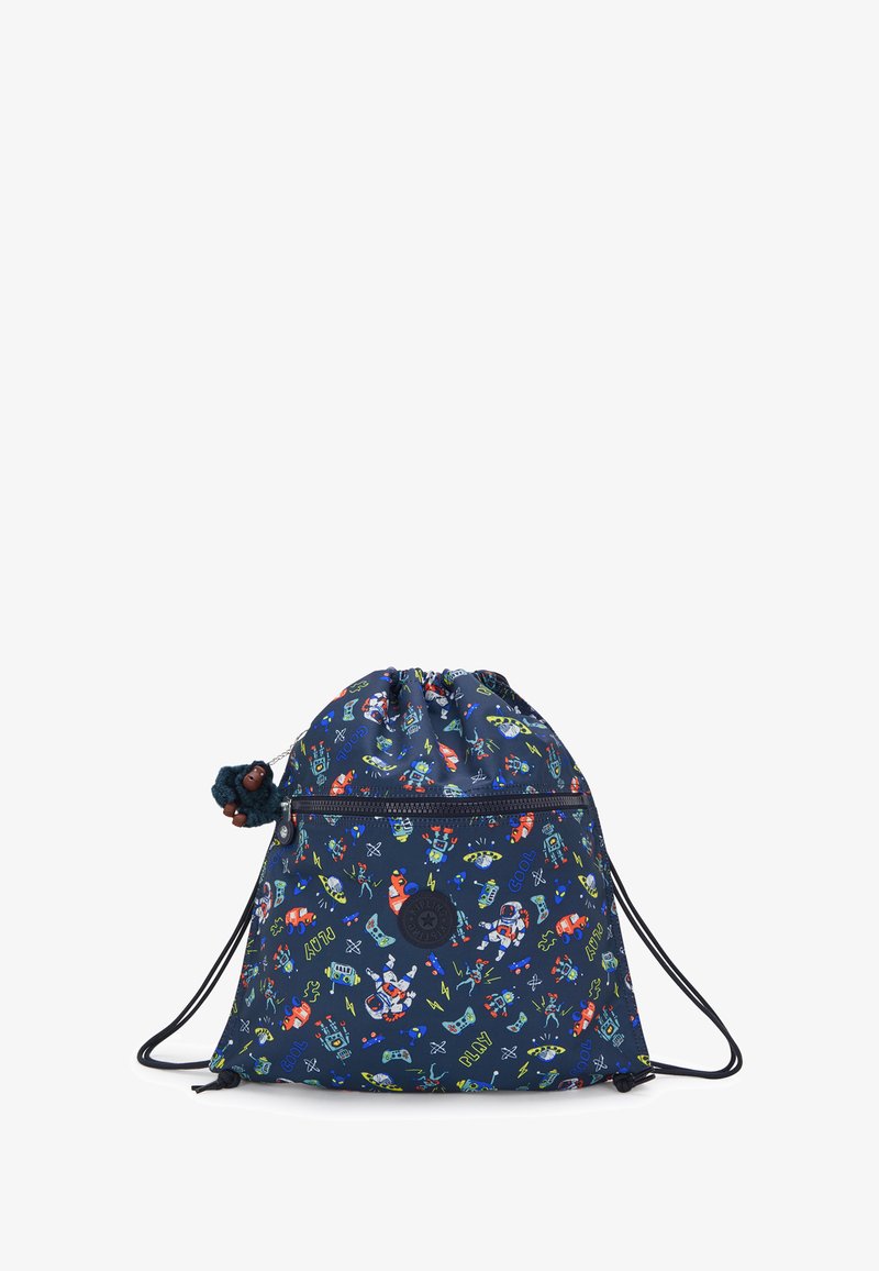 Sac en tissu bleu marine avec des graphiques colorés sur le thème de l'espace, poche frontale zippée et un porte-clé en forme de singe en peluche.