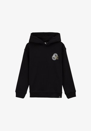 Čierna mikina s kapucňou s predným grafickým motívom v tvare spirály a textom "Sandy Dog". Vyrobená z mäkkého materiálu s rebrovanými manžetami a spodným lemom.