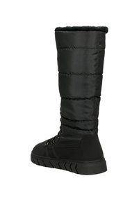 Zwarte kniehoge laarzen van een glad, gequilted stof, met een rubberen zool met een gestructureerd profiel en vetersluiting aan de voorkant.