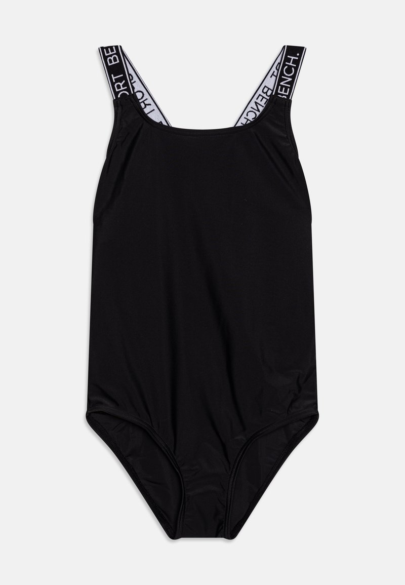 Fekete egyrészes fürdőruha széles, fehér márkázott pántokkal. Simább, rugalmas anyagból készült, és magasra vágott láb kialakítása van.