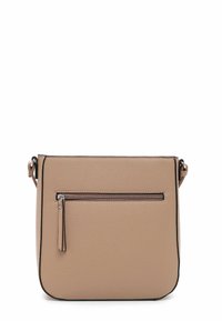 Béžová kožená crossbody taška s zipovou přední kapsou, černými detaily, hladkým povrchem a nastavitelným popruhem. Obdélníkový tvar s čistými liniemi.