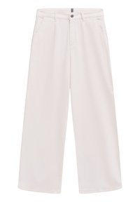 Beige weite Hosen mit einem vorderen Knopf- und Reißverschluss, ausgestattet mit Taschen und einem einfachen, klaren Design.