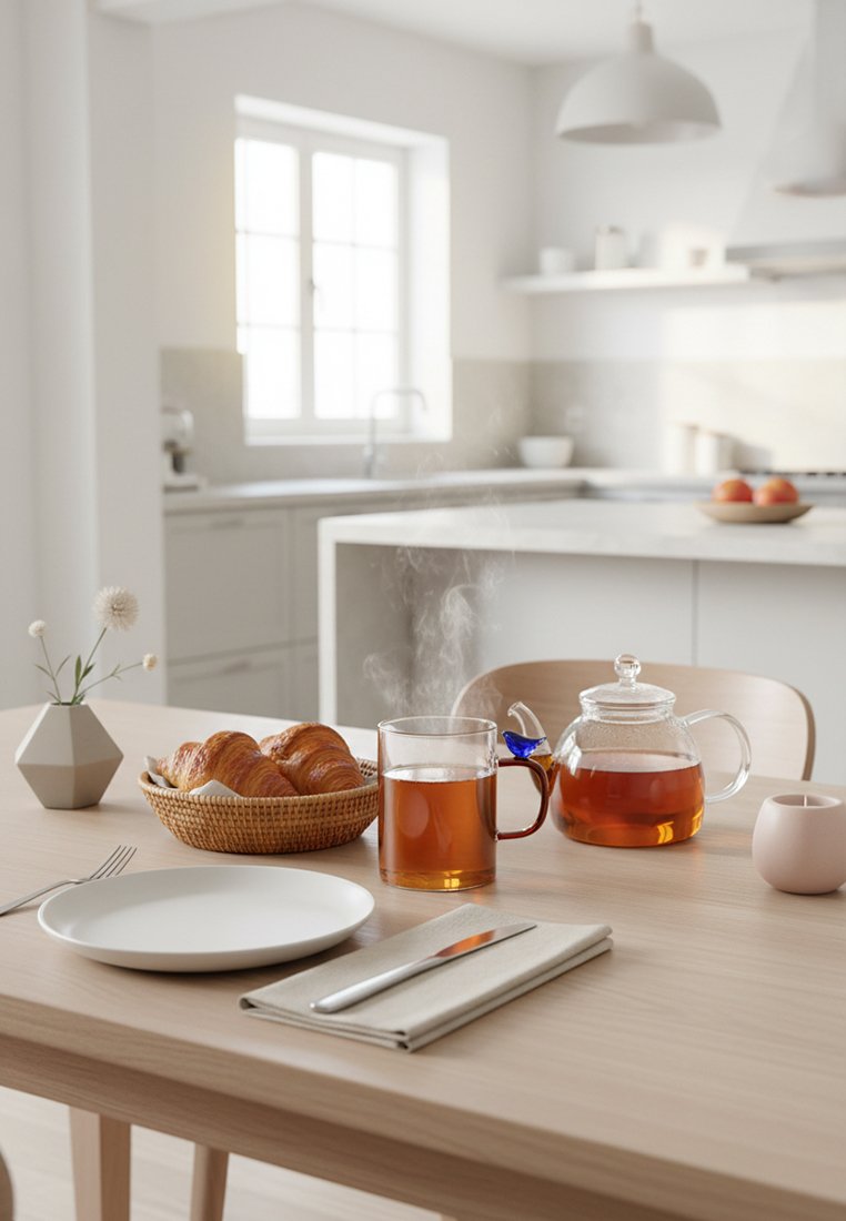 Parująca herbata w szklanej filiżance i imbryk obok rogalików w wiklinowym koszyku na jasnym drewnianym stole w jasnej, minimalistycznej kuchni.