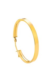 Ohrring aus goldfarbenem Metall mit einer glatten, schlanken Oberfläche, ausgestattet mit einem sicheren Verschluss und einem runden, minimalistischen Design.