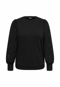 Črna majica z dolgimi, napihnjenimi rokavi s cvetličnimi izrezki. Mehka tkanina, okrogel izrez in rebrasti manšeti ter spodnji rob.