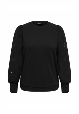 Czarna bluza z długimi, bufkowatymi rękawami z wyciętymi kwiatowymi wzorami. Miękki materiał, okrągły dekolt oraz ściągacze przy mankietach i dolnym brzegu.