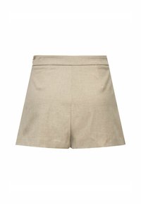 Shorts beige en tissu tissé, avec un design ajusté, une taille plate et une coupe nette. Pas de poches ni de matériel visible.