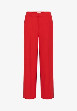 Pantalones rojos de pierna ancha con un frente plano, diseño ajustado, tejido suave y sin cierres visibles ni bolsillos.