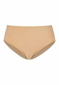 Beige hochgeschnittene Unterwäsche aus weichem, dehnbarem Material. Mit gestickten Kanten und einer glatten Textur. Keine sichtbaren Muster oder Akzente.