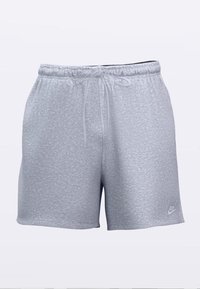 Šedé sportovní šortky z měkké látky, s elastickým pasem, stahovacím šňůrkem a malým logem Nike na spodní levé straně.