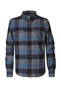Chemise en flanelle à carreaux bleus, gris et noirs. Comprend un col, deux poches sur la poitrine et une fermeture par boutons. Texture douce.
