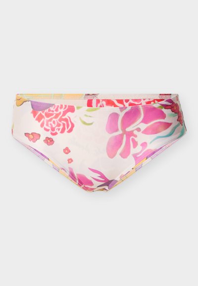 Culotte de bikini taille basse avec un motif floral en rose, rouge et violet sur fond clair.