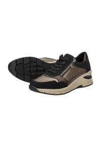 Sportieve sneakers met een bovenwerk van zwart en metallic brons, vetersluiting, zijrits en een gestructureerde rubberen zool.