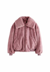 Rosa faux fur jakke med bred krave, lynlås lukning, sidelommer og ribbede manchetter og kant. Blød tekstur og puffy design.