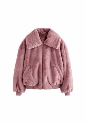 Rosa Kunstfelljacke mit weitem Kragen, Reißverschluss, Seitentaschen sowie gerippten Bündchen und Saum. Weiche Textur und puffy Design.