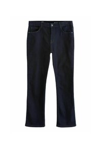 Dunkelblaue Bootcut-Jeans aus Denim, ausgestattet mit fünf Taschen, einem Reißverschluss und subtilen Steppnähten an den Nähten.