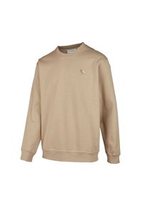 Beige sweatshirt made of soft fabric, featuring a crew neckline and long sleeves. Includes a small bird graphic in a lighter shade on the chest.