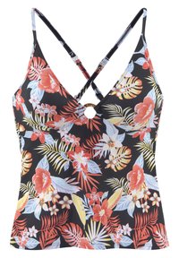Top a fascia nero con spalline incrociate, decorato con vivaci fiori tropicali rossi e gialli e un dettaglio in metallo dorato circolare.