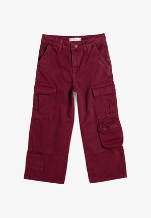 Burgundy-huutoiset cargo-housut, jotka on valmistettu puuvillasta, sisältävät useita sivutaskuja, napillisen sulkemisen ja rennon istuvuuden pitkittäisommellaan.