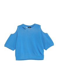 Felpa blu a maniche corte con spalle scoperte, realizzata in materiale morbido. Presenta un collo rotondo e dettagli di cucitura in vista.