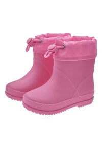 Bottes de pluie en caoutchouc rose avec une texture lisse, des bouts arrondis et des poignets en tissu contrastant. Elles présentent une fermeture à cordon et des semelles texturées pour une meilleure adhérence.