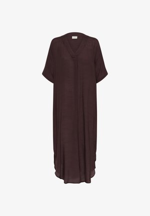 Donkerbruin, loszittend jurkje met een V-hals en korte mouwen, gemaakt van lichtgewicht materiaal; heeft een gebogen zoom en zijsplitten.