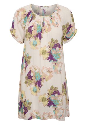 Blomstrede tunika kjole med korte ærmer, lavet af letvægtsstof. Den har en rund halsudskæring, pastelfarver og et blomstertryk i forskellige nuancer.