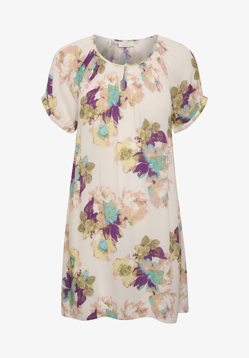 Kwiatowa tunika z krótkim rękawem, wykonana z lekkiego materiału. Posiada okrągły dekolt, pastelowe kolory oraz kwiatowy nadruk w różnych odcieniach.