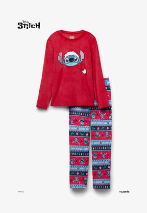Set di pigiama rosso con maglia a maniche lunghe con grafica di Stitch e tessuto morbido. I pantaloni hanno un motivo colorato con Stitch e motivi natalizi.