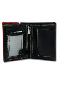 Black leather wallet featuring red accents, multiple card slots, a transparent ID compartment, and a zippered coin pocket with white stitching.