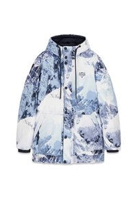 Veste parka rembourrée en imprimé montagne bleu et blanc, avec une capuche, plusieurs boutons et des poches avant avec des poignets élastiques.