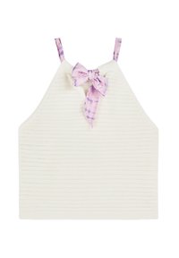 Cream-colored knitted crop top with a textured pattern, featuring two purple tie-dye straps and a bow detail at the back.