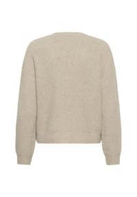 Beige kötött pulóver laza szabással, bordázott textúrával, ejtett vállakkal és rövidített szegéllyel. Nincsenek látható rögzítések.