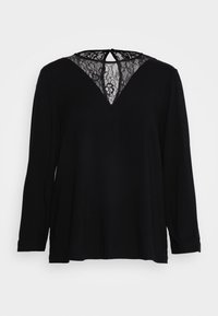 Top preto de manga longa com decote em V e detalhe em renda nas costas, tecido suave e corte descontraído com mangas com punhos.