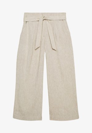 Pantalones de lino de pierna ancha y talle alto en beige, con un cinturón de tela a juego anudado en la cintura y presillas en la pretina.