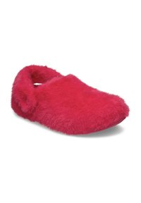 Zapatilla rosa difusa con punta redondeada y diseño sin talón. Textura suave con suela plana para uso en interiores.